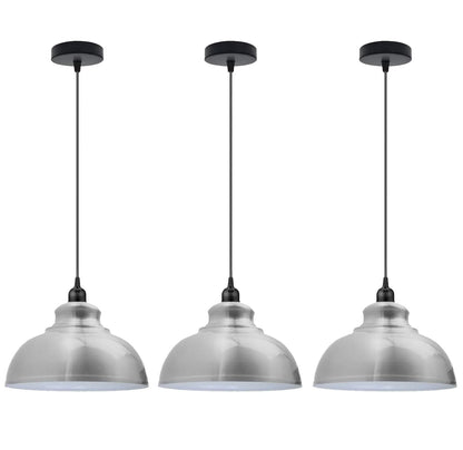 Dome Pendant Light – 29 cm Metal Shade, Single or Set of 3, E27 - Black, Dome 29 cm Chrome, Set of 3, Without Bulb