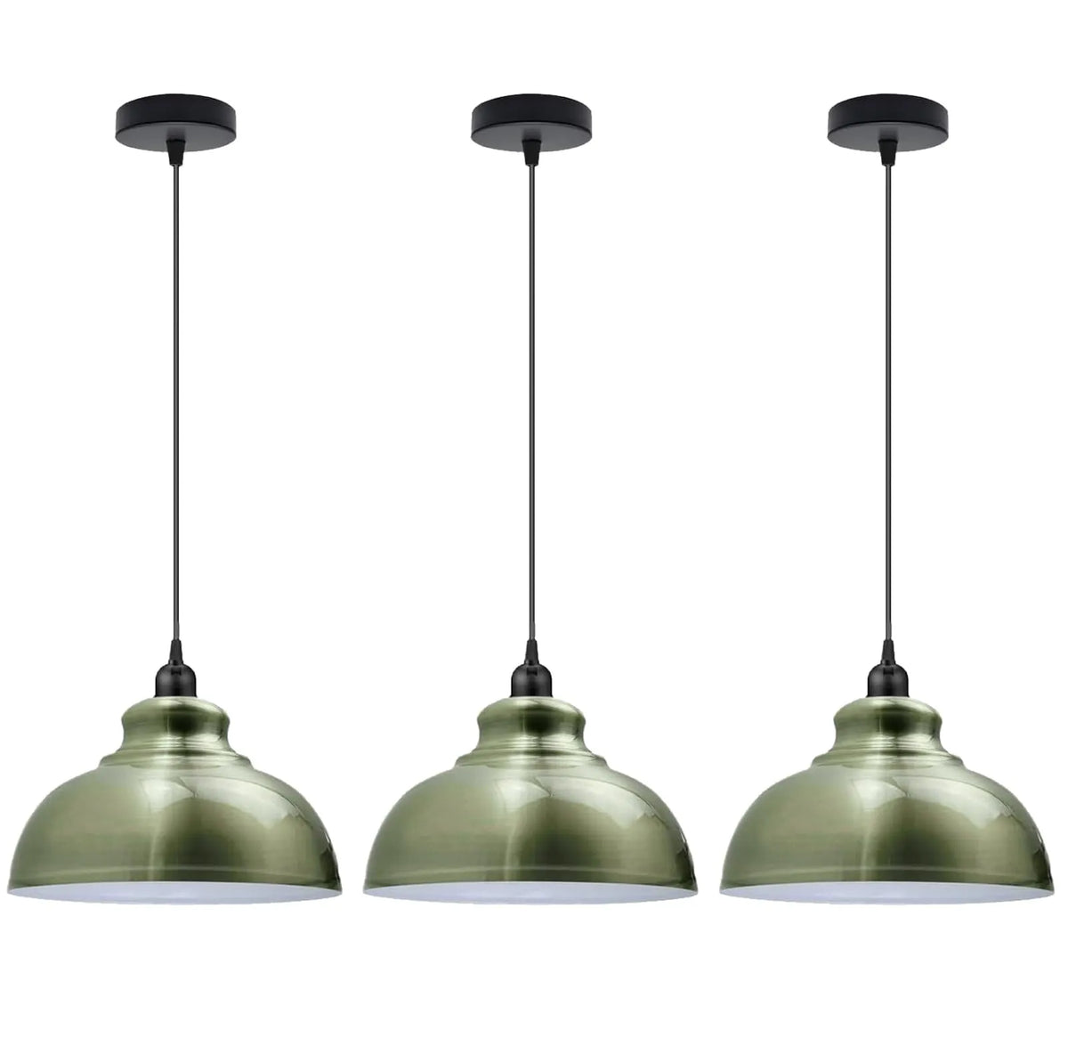 Dome Pendant Light – 29 cm Metal Shade, Single or Set of 3, E27 - Black, Dome 29 cm Green Brass, Set of 3, Without Bulb