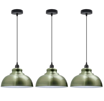 Dome Pendant Light – 29 cm Metal Shade, Single or Set of 3, E27 - Black, Dome 29 cm Green Brass, Set of 3, Without Bulb