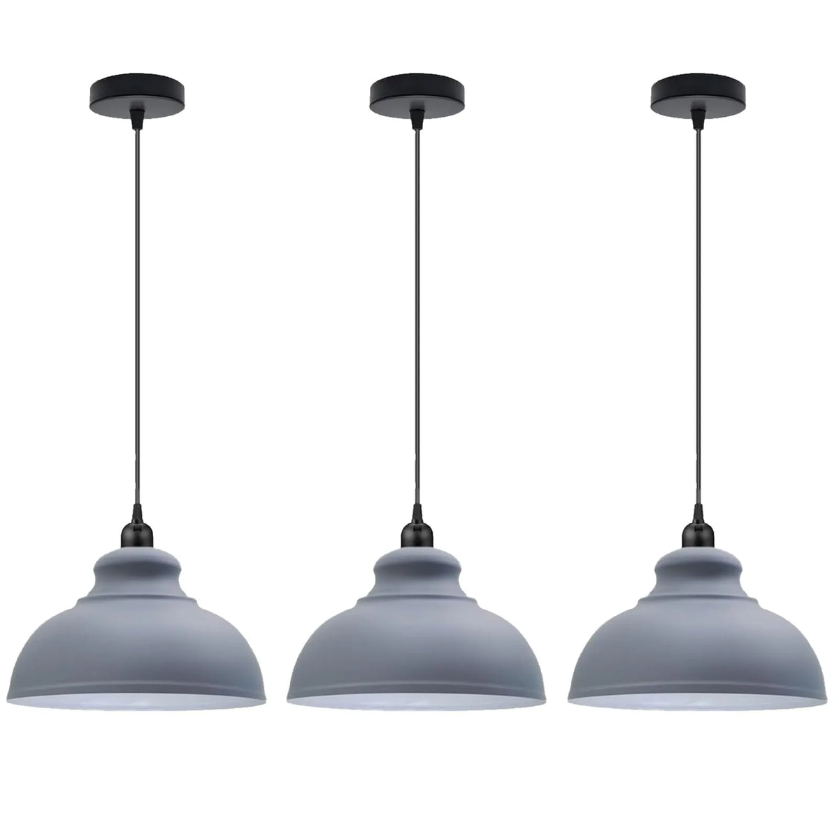 Dome Pendant Light – 29 cm Metal Shade, Single or Set of 3, E27 - Black, Dome 29 cm Grey, Set of 3, Without Bulb