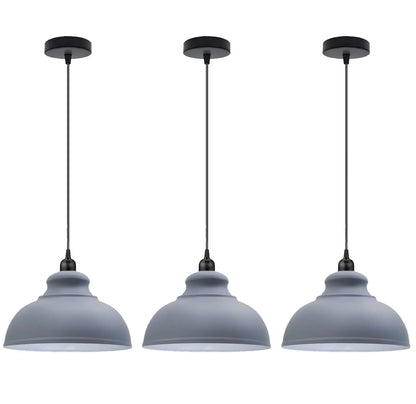 Dome Pendant Light – 29 cm Metal Shade, Single or Set of 3, E27 - Black, Dome 29 cm Grey, Set of 3, Without Bulb
