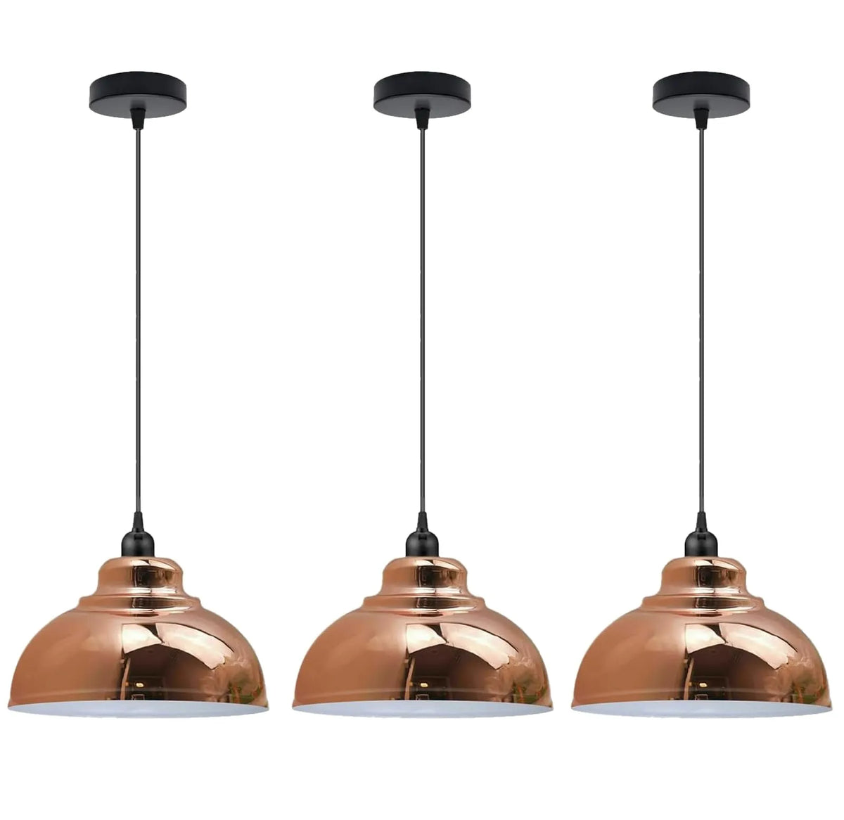 Dome Pendant Light – 29 cm Metal Shade, Single or Set of 3, E27 - Black, Dome 29 cm Rose Gold, Set of 3, Without Bulb
