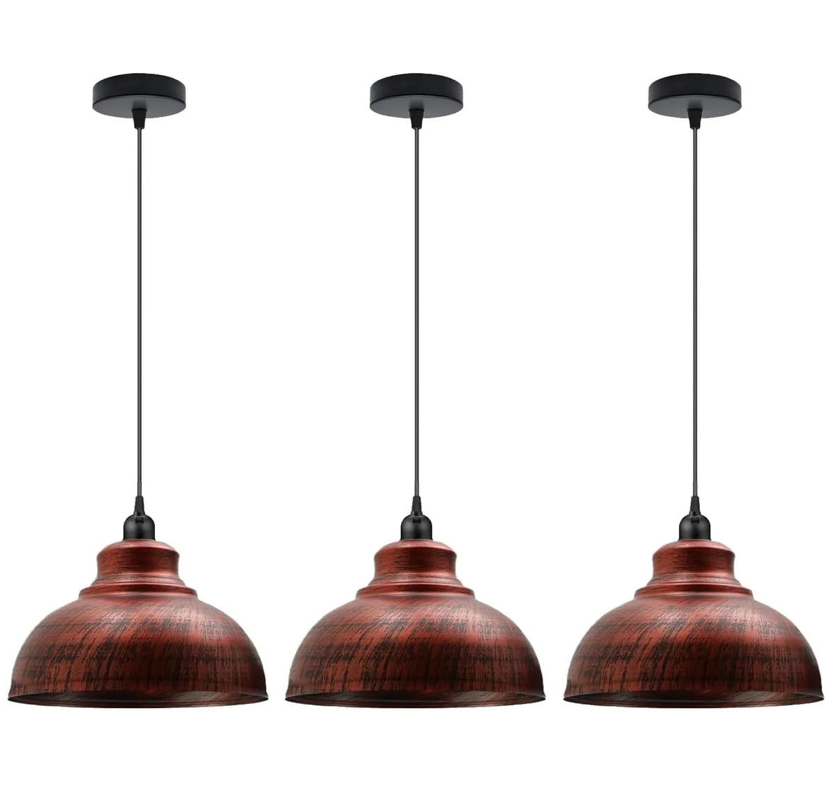Dome Pendant Light – 29 cm Metal Shade, Single or Set of 3, E27 - Black, Dome 29 cm Rustic Red, Set of 3, Without Bulb