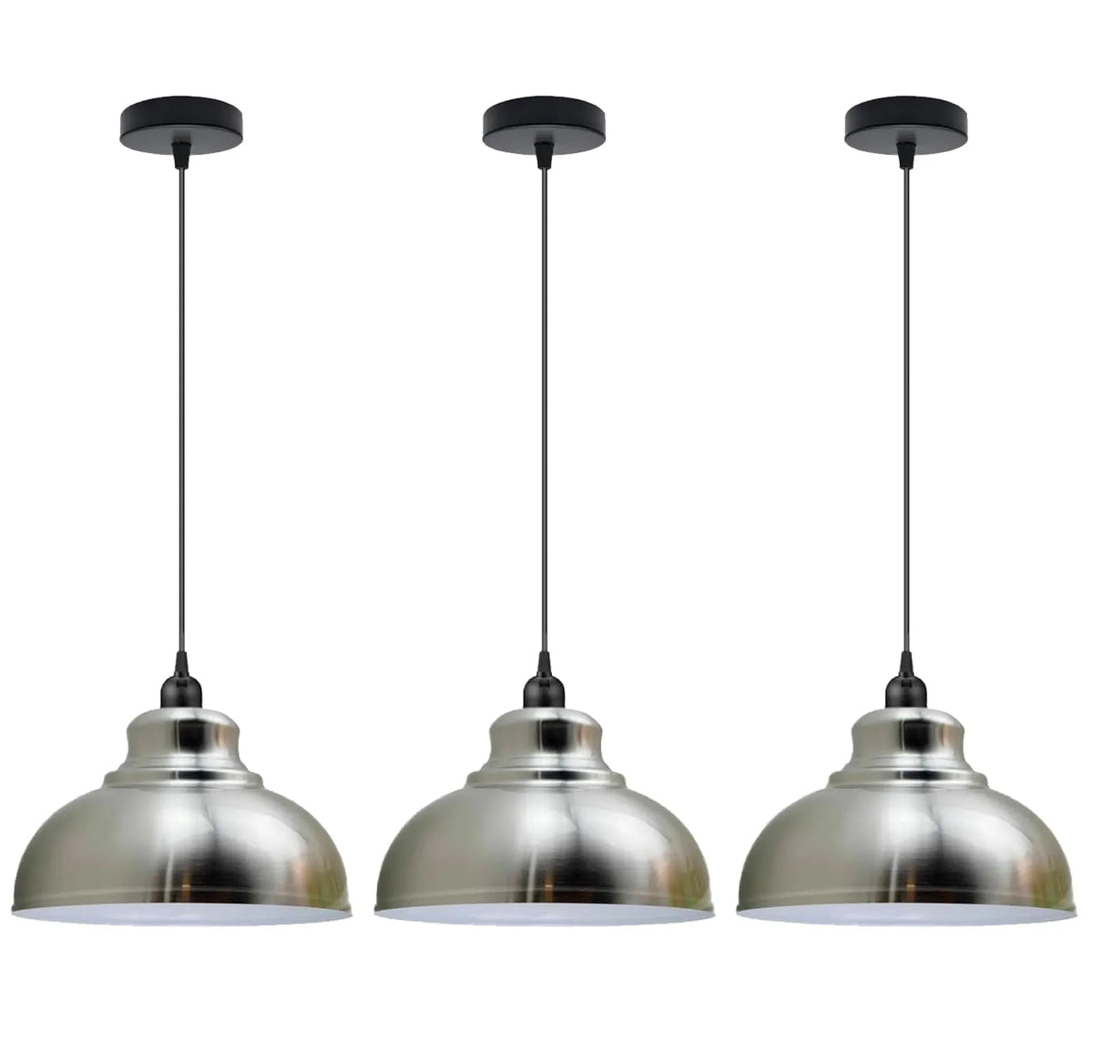 Dome Pendant Light – 29 cm Metal Shade, Single or Set of 3, E27 - Black, Dome 29 cm Satin Nickel, Set of 3, Without Bulb