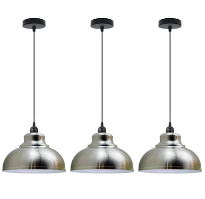Dome Pendant Light – 29 cm Metal Shade, Single or Set of 3, E27 - Black, Dome 29 cm Satin Nickel, Set of 3, Without Bulb