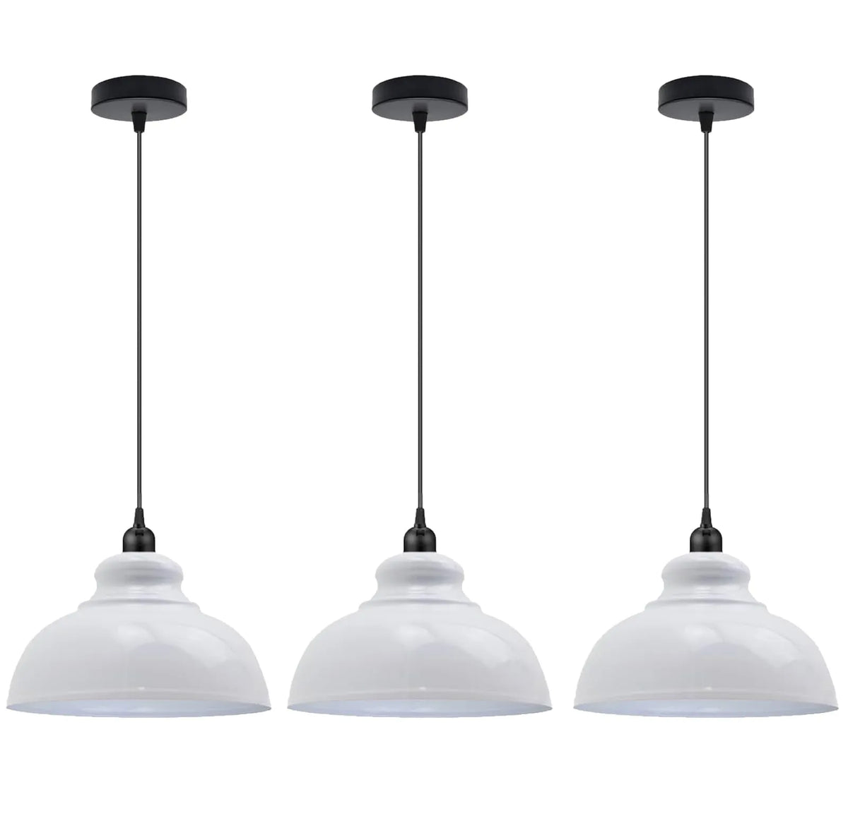 Dome Pendant Light – 29 cm Metal Shade, Single or Set of 3, E27 - Black, Dome 29 cm White, Set of 3, Without Bulb