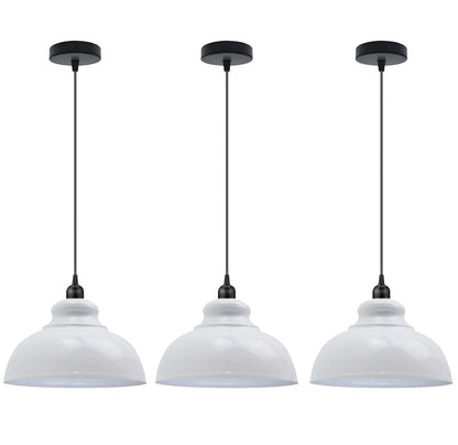 Dome Pendant Light – 29 cm Metal Shade, Single or Set of 3, E27 - Black, Dome 29 cm White, Set of 3, Without Bulb