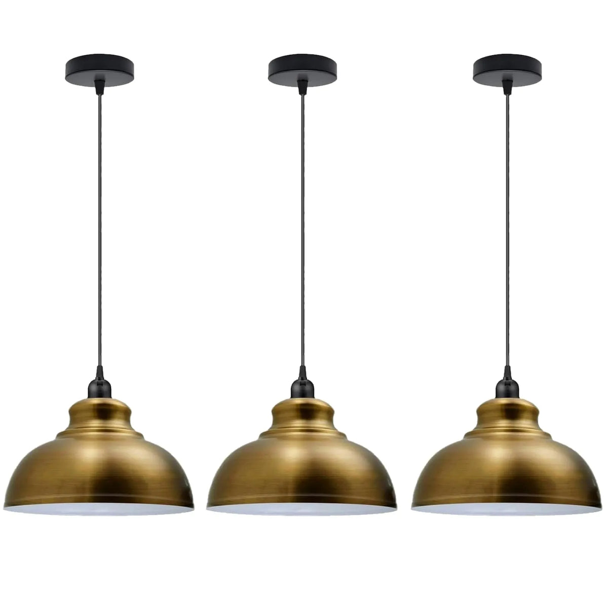 Dome Pendant Light – 29 cm Metal Shade, Single or Set of 3, E27 - Black, Dome 29 cm Yellow Brass, Set of 3, Without Bulb