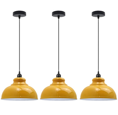 Dome Pendant Light – 29 cm Metal Shade, Single or Set of 3, E27 - Black, Dome 29 cm Yellow, Set of 3, Without Bulb