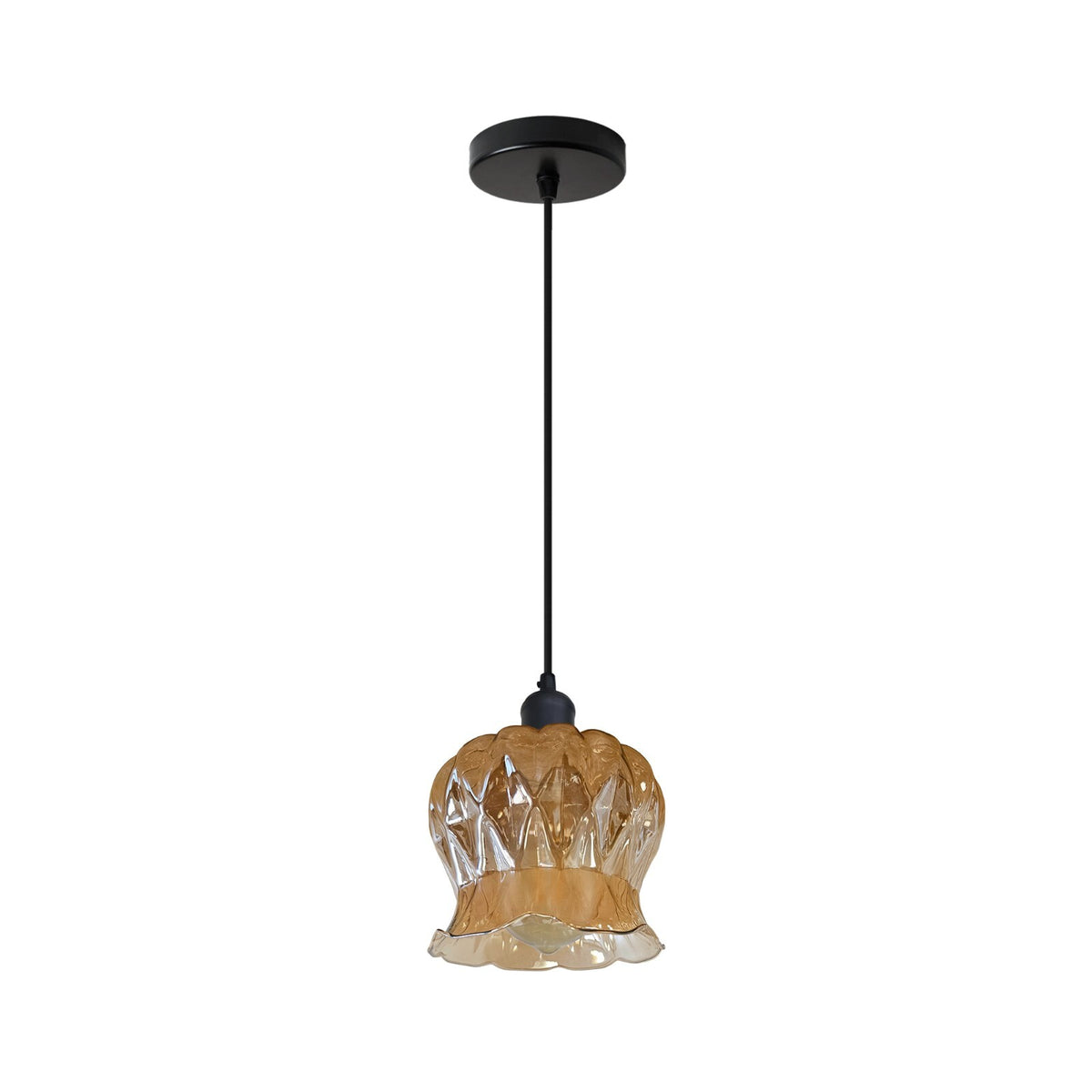 Dome Pendant Light – 29 cm Metal Shade, Single or Set of 3, E27 - Black, Amber Crystal Glass 12 cm, Without Bulb