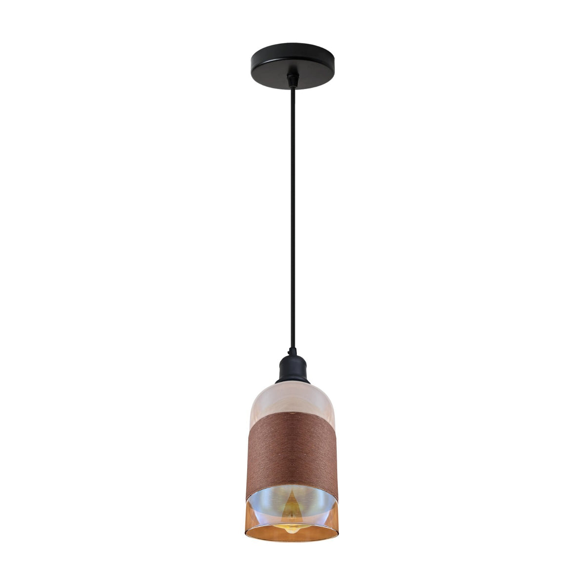 Dome Pendant Light – 29 cm Metal Shade, Single or Set of 3, E27 - Black, Copper Glass Cylinder 12 cm, Without Bulb