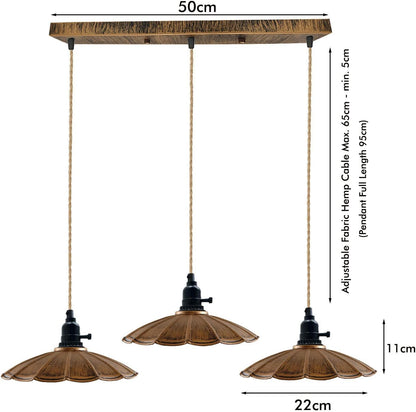 3-Light Bar Pendant – Brushed Copper Scalloped Shades, Hemp Cable - photo 2