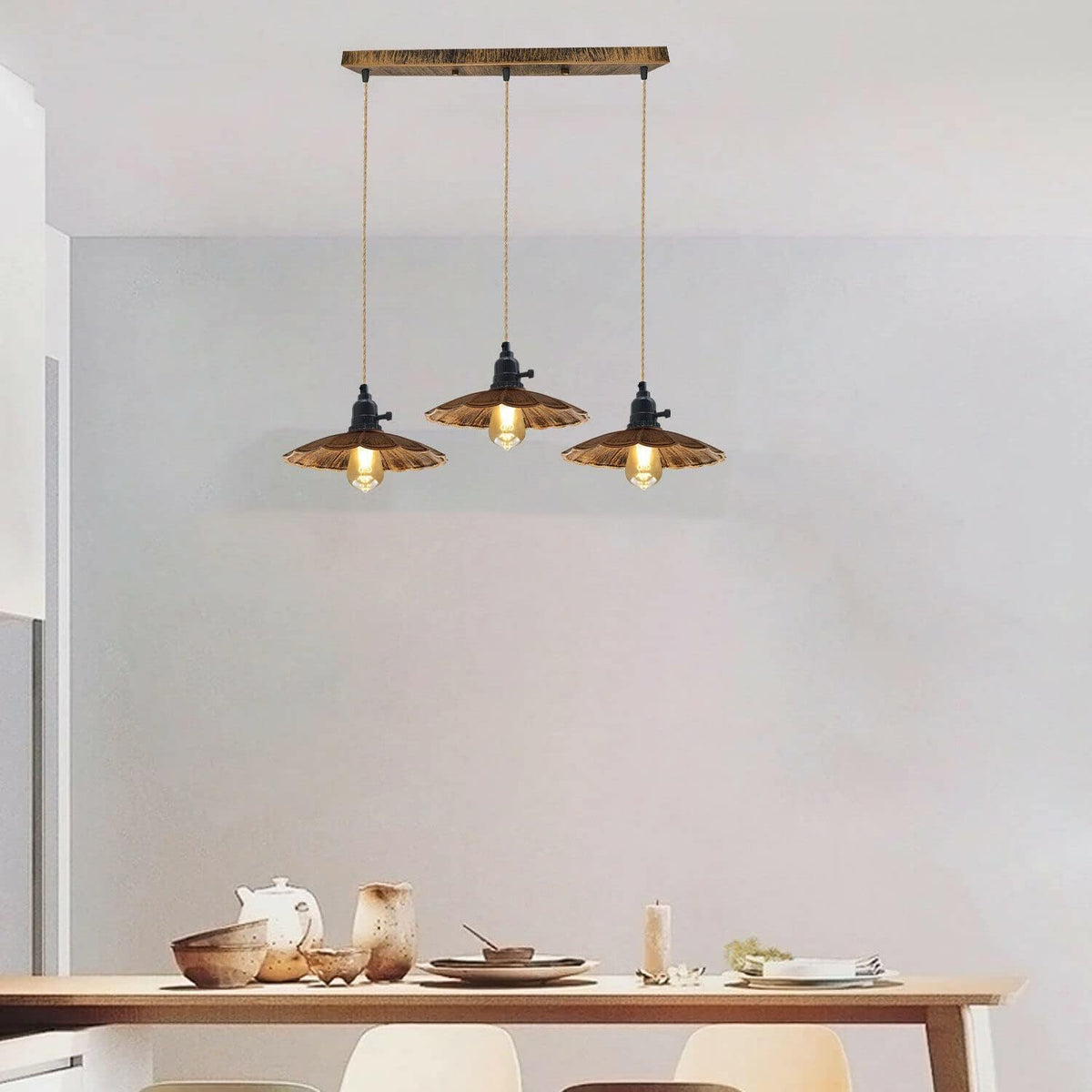 3-Light Bar Pendant – Brushed Copper Scalloped Shades, Hemp Cable