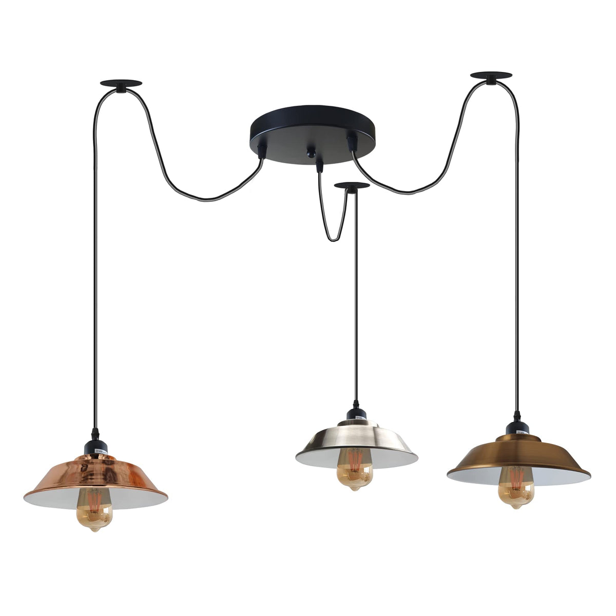 3 Light Spider Pendant – Mixed Vintage Domes or Black Cages, E27 - Black, Mixed Vintage Domes (Rose Gold, Chrome, Brass), Without Bulb