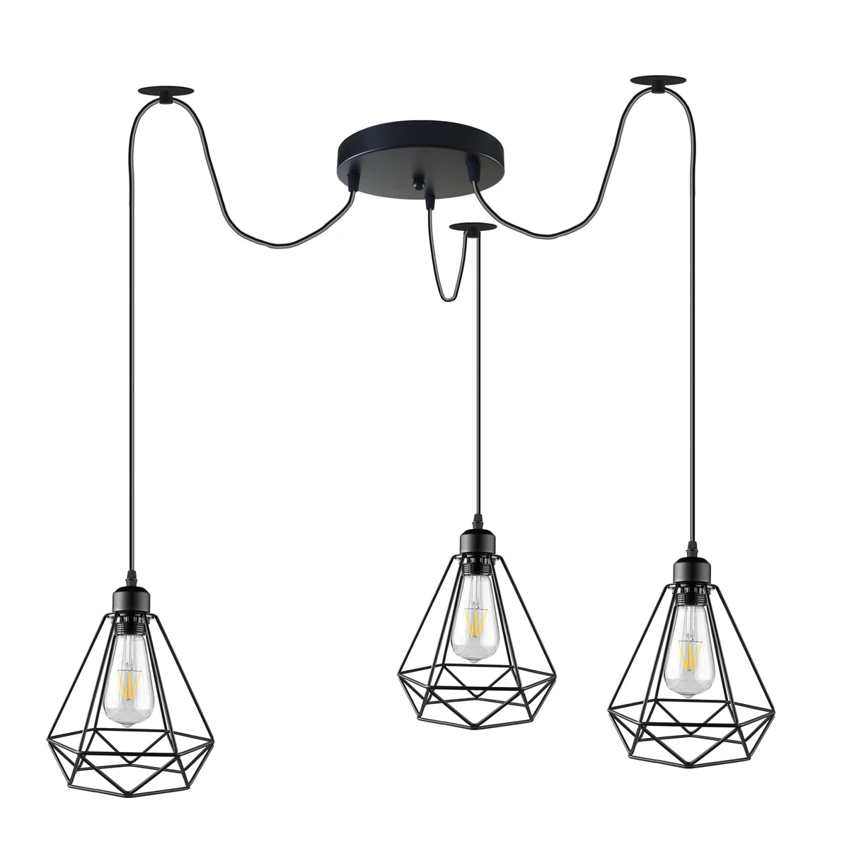 3 Light Spider Pendant – Mixed Vintage Domes or Black Cages, E27 - Black, Black Wire Cages, Without Bulb