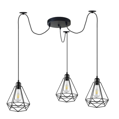 3 Light Spider Pendant – Mixed Vintage Domes or Black Cages, E27 - Black, Black Wire Cages, Without Bulb