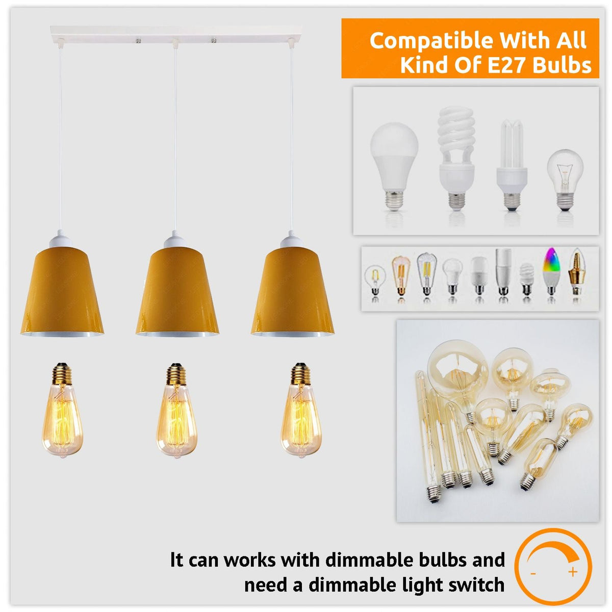 3-Light Pendant – Retro Metal Shades or White Cages, E27 - photo 5
