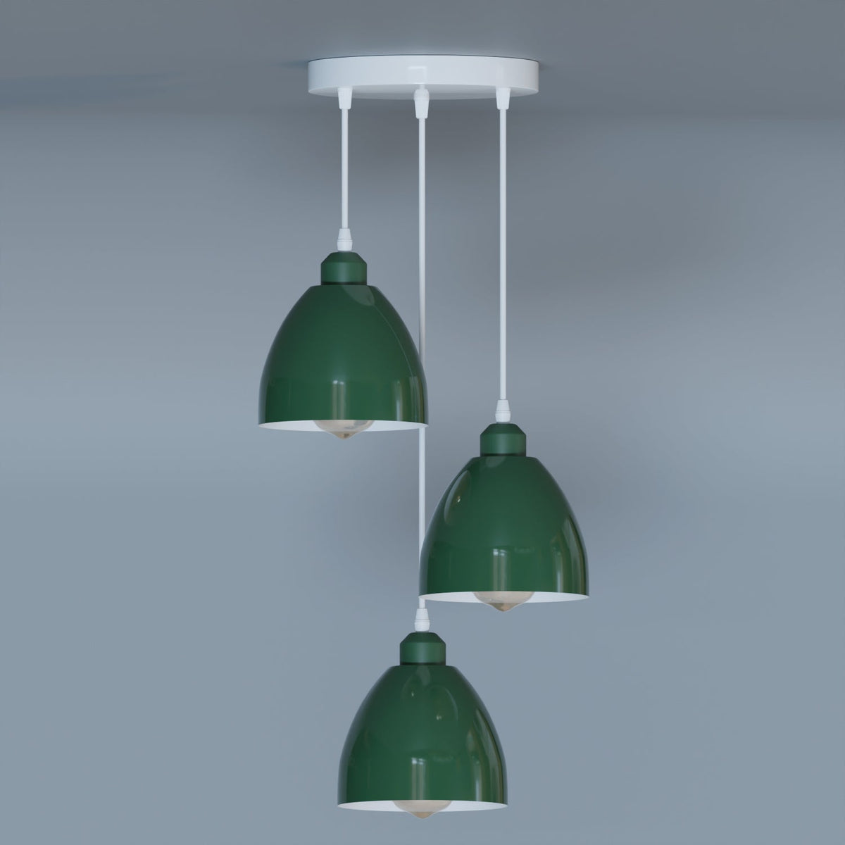 3-Light Pendant – Retro Metal Shades or White Cages, E27 - Green, Retro 15 cm Green, Without Bulb