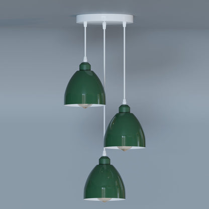3-Light Pendant – Retro Metal Shades or White Cages, E27 - Green, Retro 15 cm Green, Without Bulb