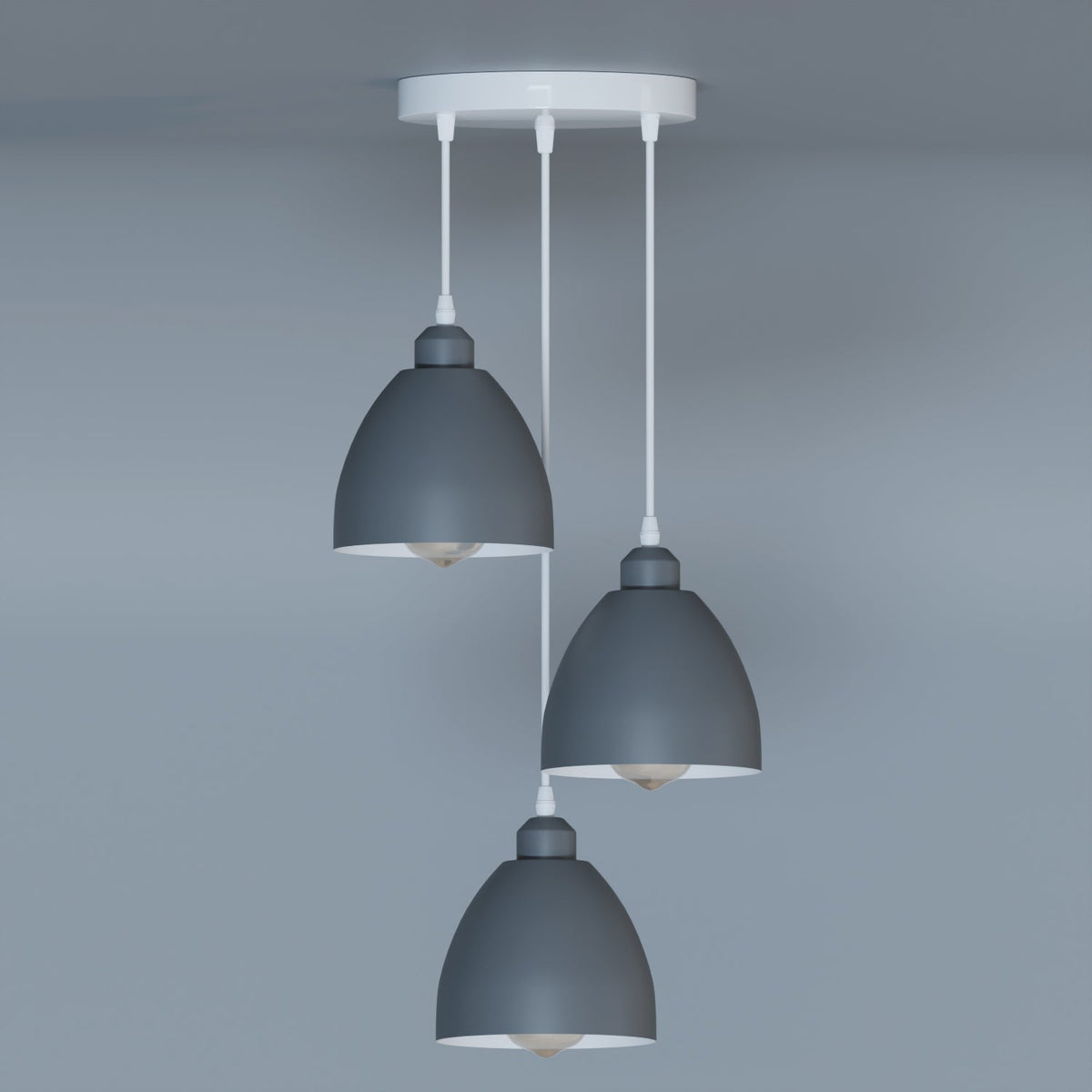 3-Light Pendant – Retro Metal Shades or White Cages, E27 - Grey, Retro 15 cm Grey, Without Bulb