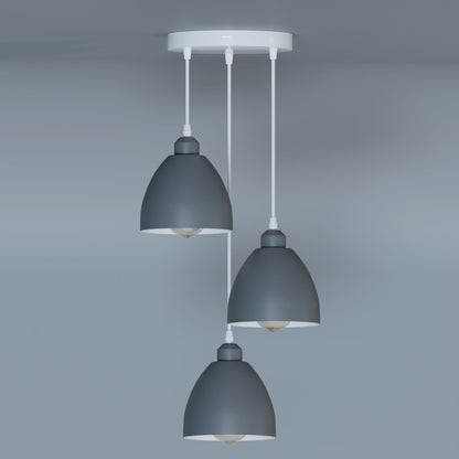 3-Light Pendant – Retro Metal Shades or White Cages, E27 - Grey, Retro 15 cm Grey, Without Bulb