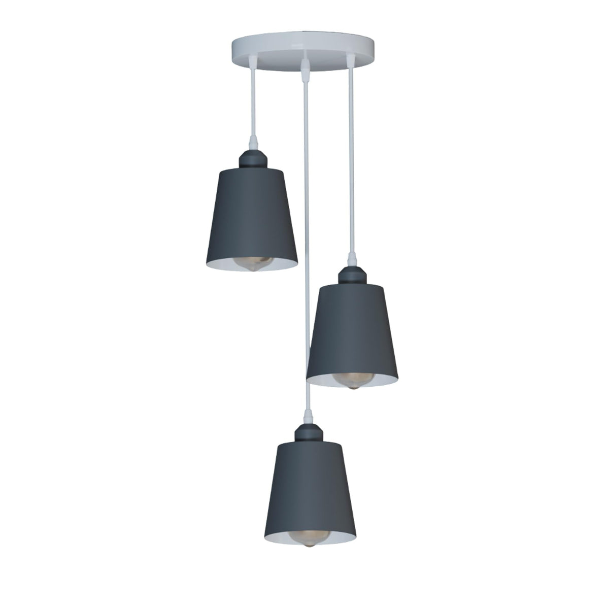3-Light Pendant – Retro Metal Shades or White Cages, E27 - Grey, Retro Small 15 cm Grey, Without Bulb