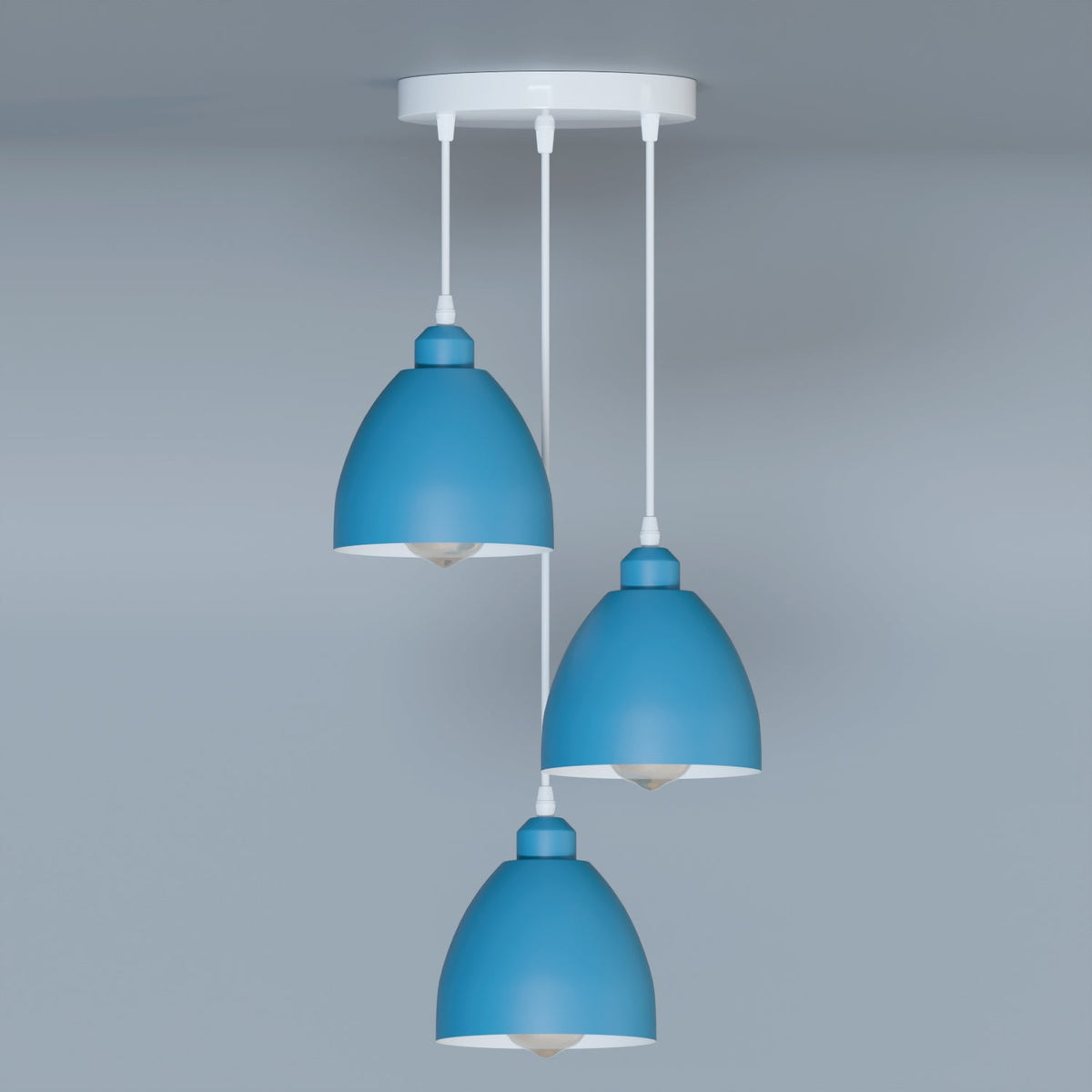 3-Light Pendant – Retro Metal Shades or White Cages, E27 - Light Blue, Retro 15 cm Blue, Without Bulb