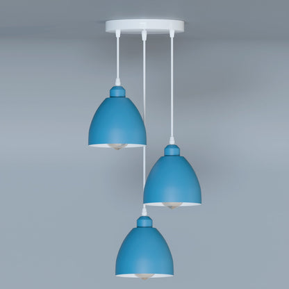 3-Light Pendant – Retro Metal Shades or White Cages, E27 - Light Blue, Retro 15 cm Blue, Without Bulb