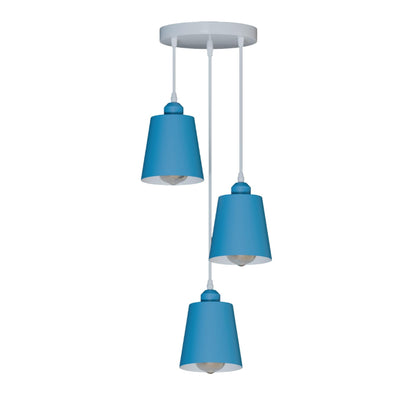 3-Light Pendant – Retro Metal Shades or White Cages, E27 - Light Blue, Retro Small 15 cm Blue, Without Bulb
