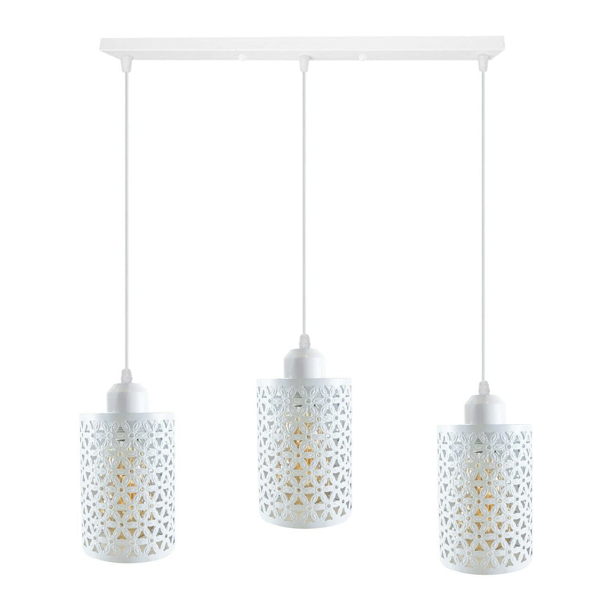 3-Light Pendant – Retro Metal Shades or White Cages, E27 - White, Barrel Cage Style 2 White, Bar, Without Bulb