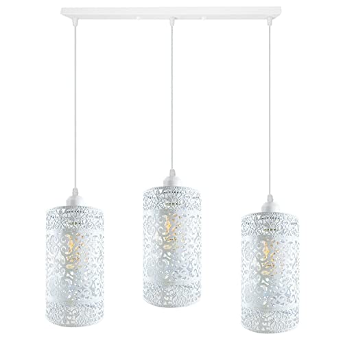 3-Light Pendant – Retro Metal Shades or White Cages, E27 - White, Barrel Cage Style 6 White, Bar, Without Bulb