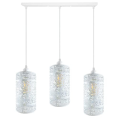 3-Light Pendant – Retro Metal Shades or White Cages, E27 - White, Barrel Cage Style 6 White, Bar, Without Bulb