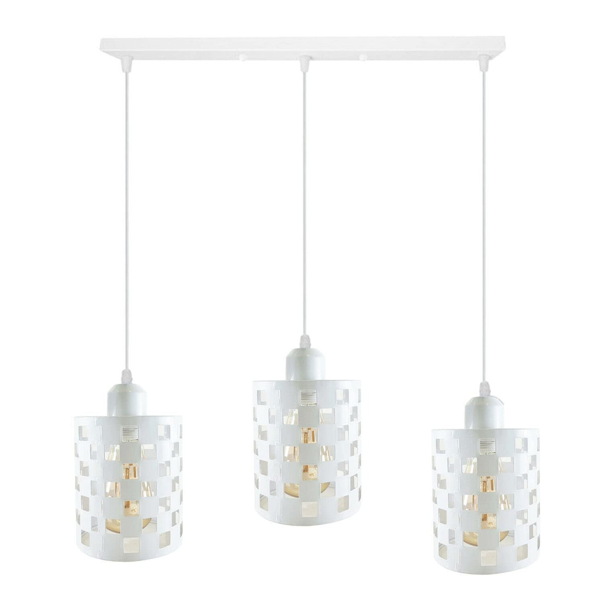 3-Light Pendant – Retro Metal Shades or White Cages, E27 - White, Barrel Cage Style 1 White, Bar, Without Bulb