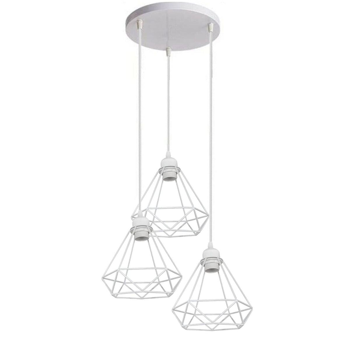 3-Light Pendant – Retro Metal Shades or White Cages, E27 - White, Diamond Cage White, Round Rose, Without Bulb