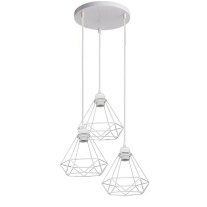 3-Light Pendant – Retro Metal Shades or White Cages, E27 - White, Diamond Cage White, Round Rose, Without Bulb