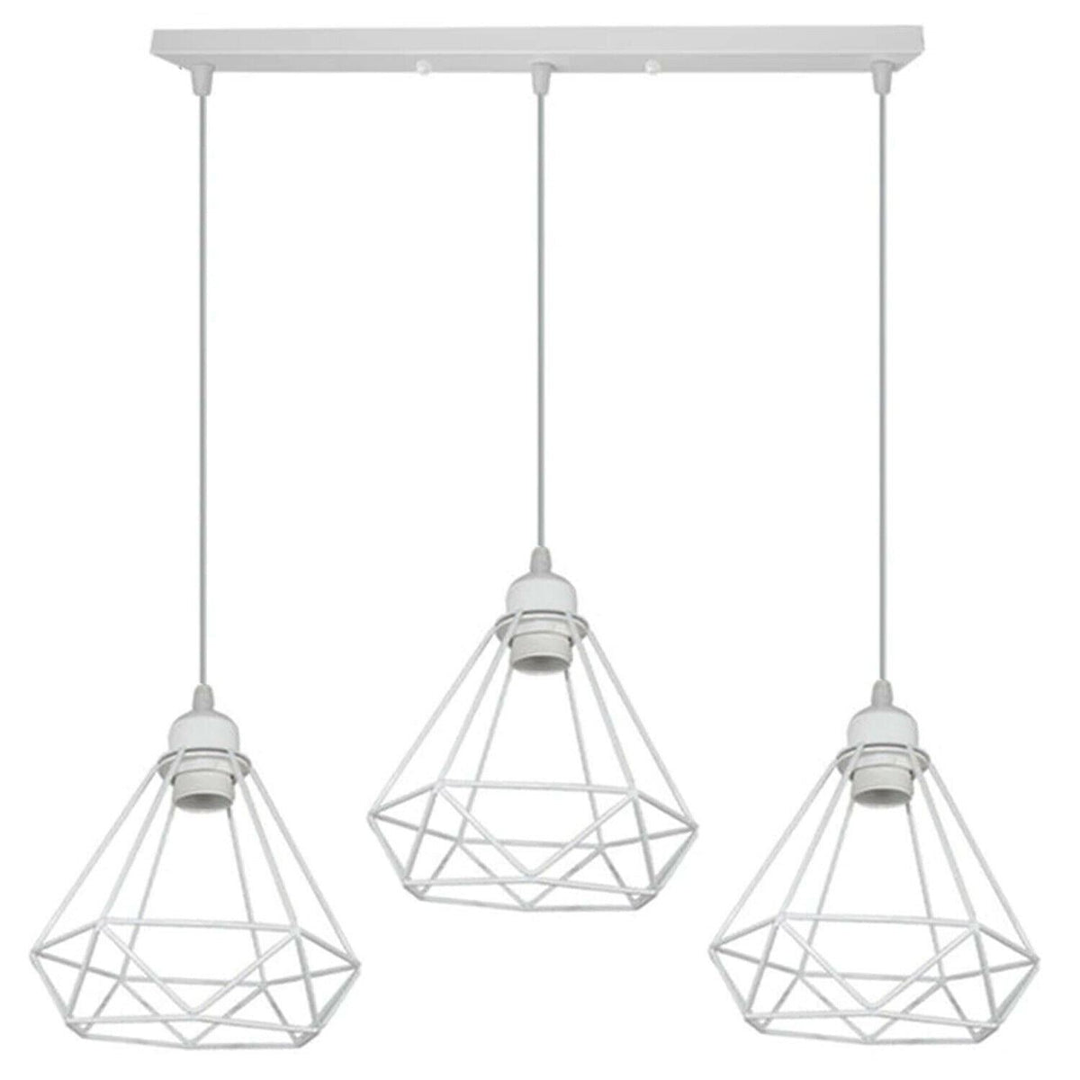3-Light Pendant – Retro Metal Shades or White Cages, E27 - White, Diamond Cage White, Bar, Without Bulb