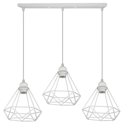 3-Light Pendant – Retro Metal Shades or White Cages, E27 - White, Diamond Cage White, Bar, Without Bulb