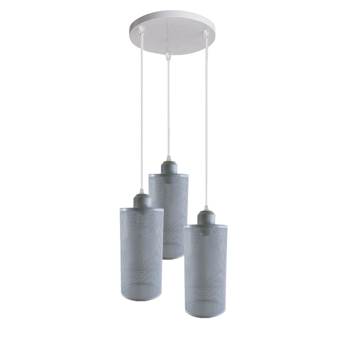 3-Light Pendant – Retro Metal Shades or White Cages, E27 - White, Drum Cage Style 5 White, Round Rose, Without Bulb