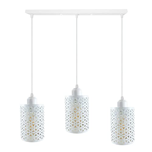 3-Light Pendant – Retro Metal Shades or White Cages, E27 - White, Drum Cage Style 5 White, Bar, Without Bulb