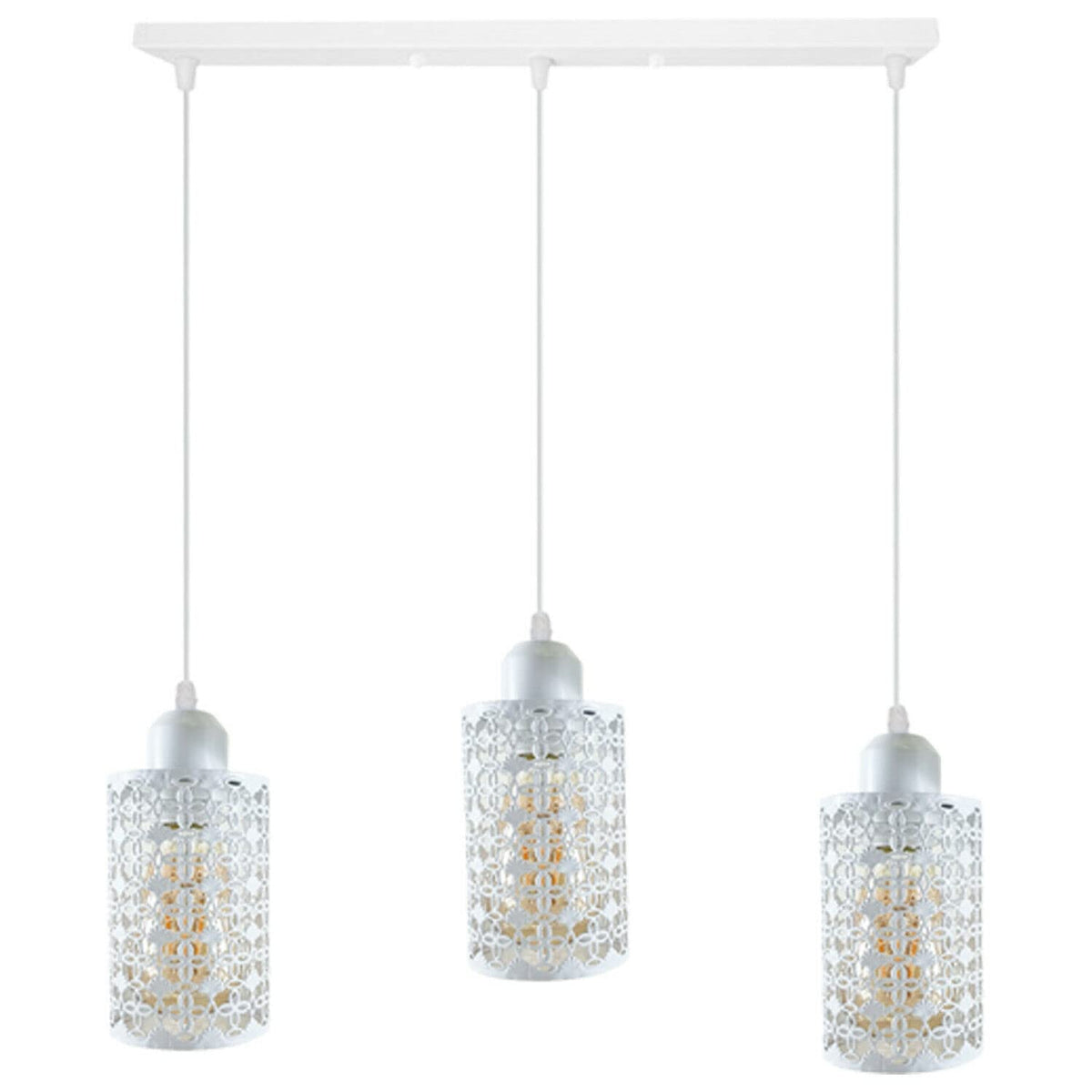3-Light Pendant – Retro Metal Shades or White Cages, E27 - White, Drum Cage Style 4 White, Bar, Without Bulb