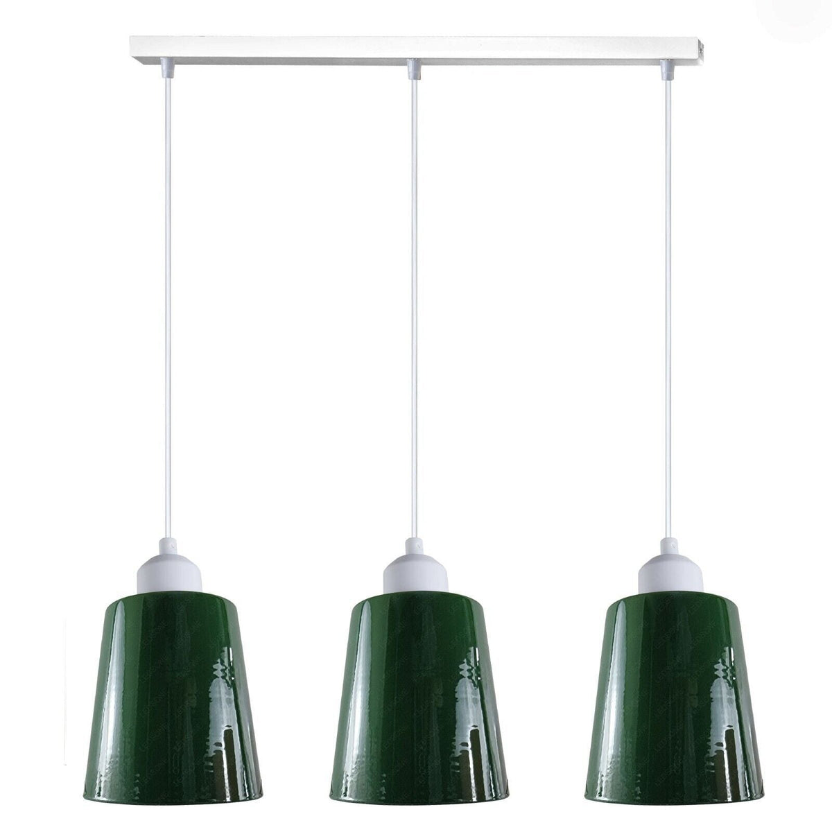 3-Light Pendant – Retro Metal Shades or White Cages, E27 - White, Retro Small 15 cm Green, Without Bulb