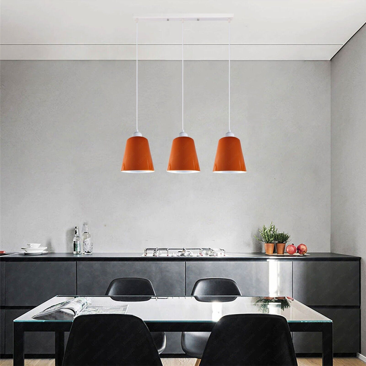 3-Light Pendant – Retro Metal Shades or White Cages, E27 - White, Retro Small 15 cm Orange, Without Bulb