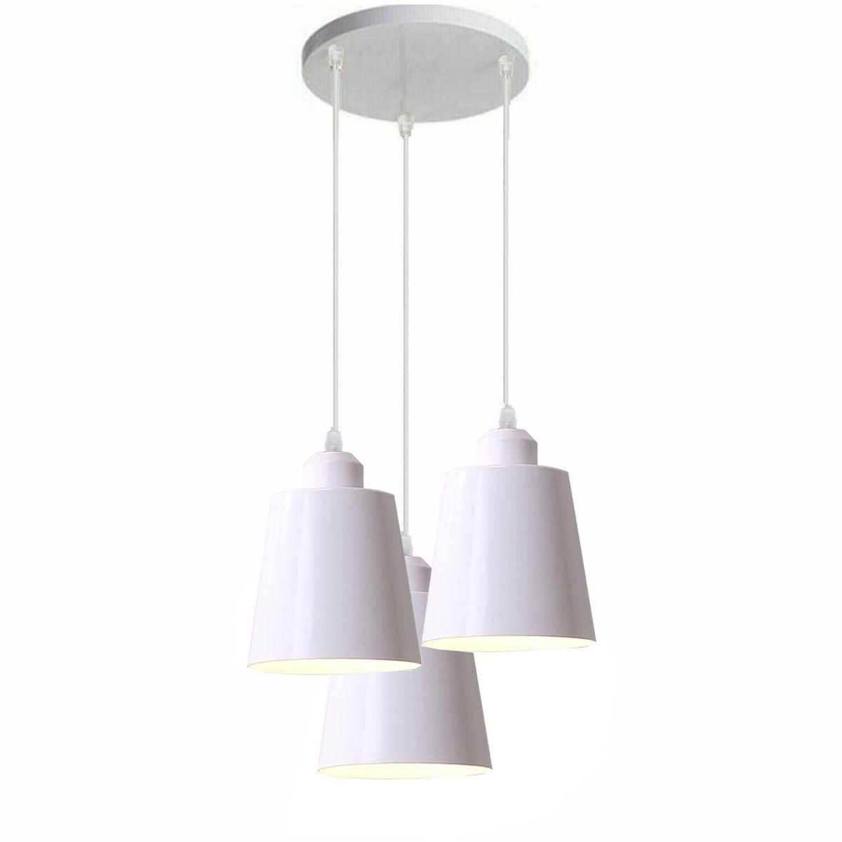 3-Light Pendant – Retro Metal Shades or White Cages, E27 - White, Retro Small 15 cm White, Round Rose, Without Bulb