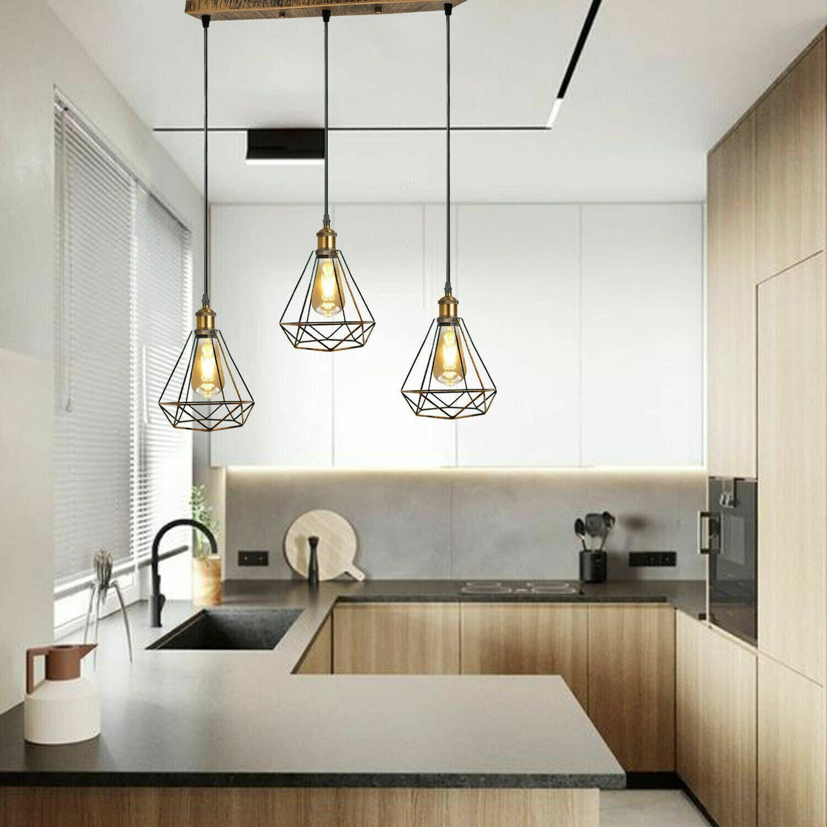 3-Light Wire Cage Pendant Cluster – Round Plate or Bar, E27 - photo 4