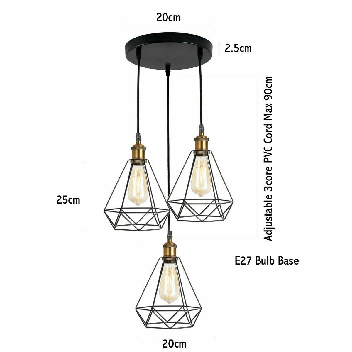 3-Light Wire Cage Pendant Cluster – Round Plate or Bar, E27 - photo 5