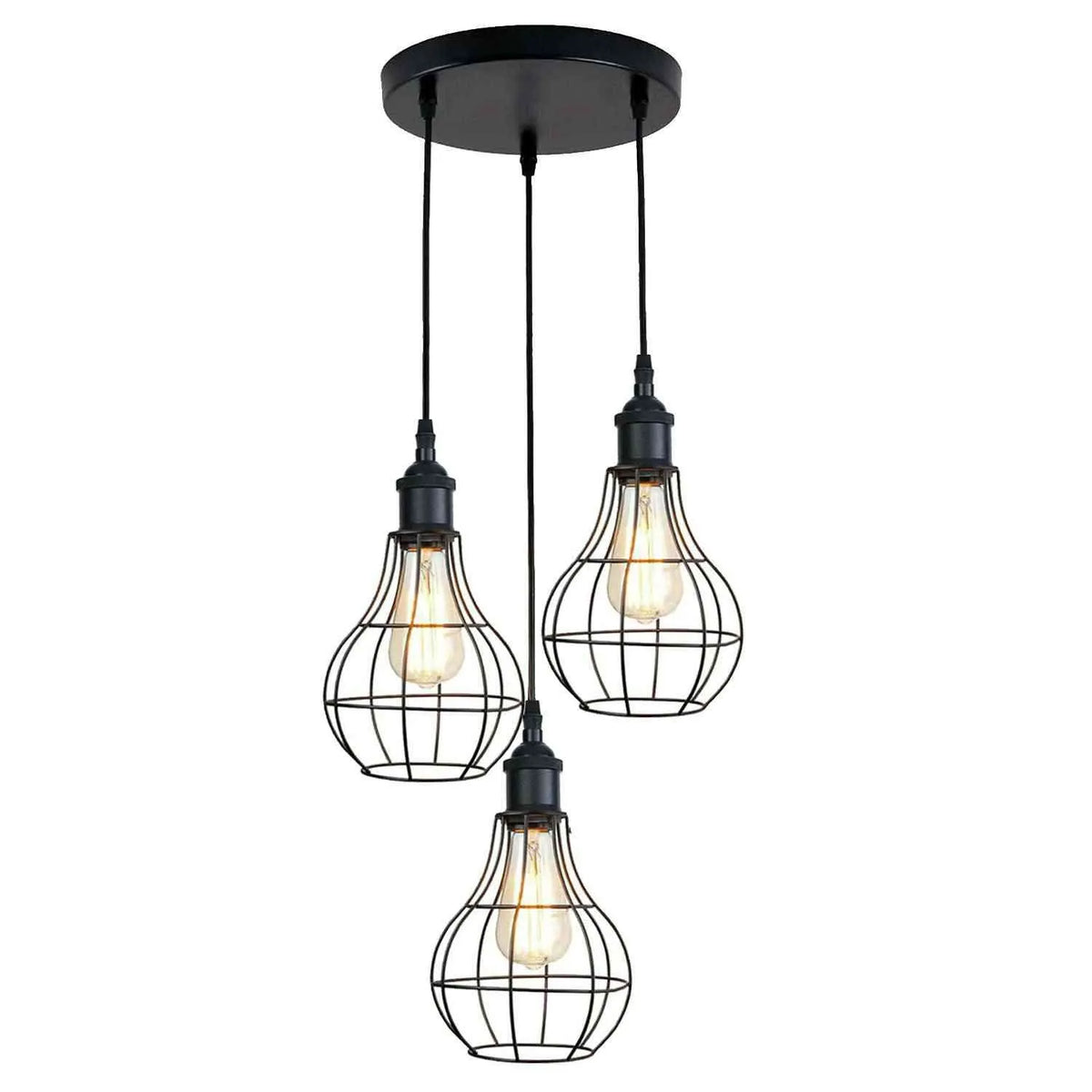 3-Light Wire Cage Pendant Cluster – Round Plate or Bar, E27 - Black, Balloon Cage Black, Round Plate, Without Bulb