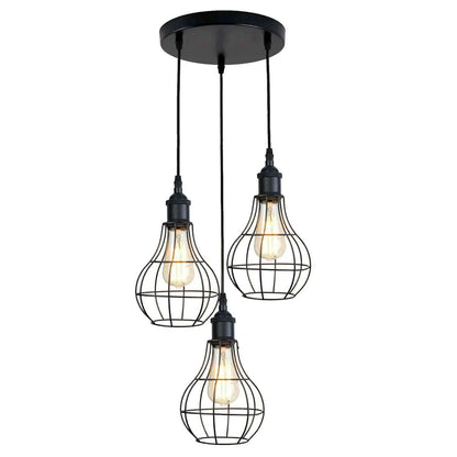 3-Light Wire Cage Pendant Cluster – Round Plate or Bar, E27 - Black, Balloon Cage Black, Round Plate, Without Bulb