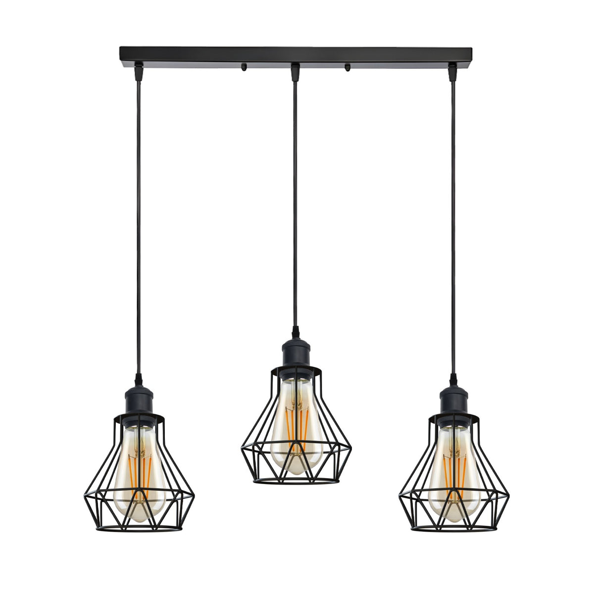 3-Light Wire Cage Pendant Cluster – Round Plate or Bar, E27 - Black, Gem Cage Black, Bar, Without Bulb
