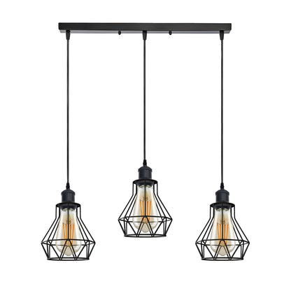 3-Light Wire Cage Pendant Cluster – Round Plate or Bar, E27 - Black, Gem Cage Black, Bar, Without Bulb