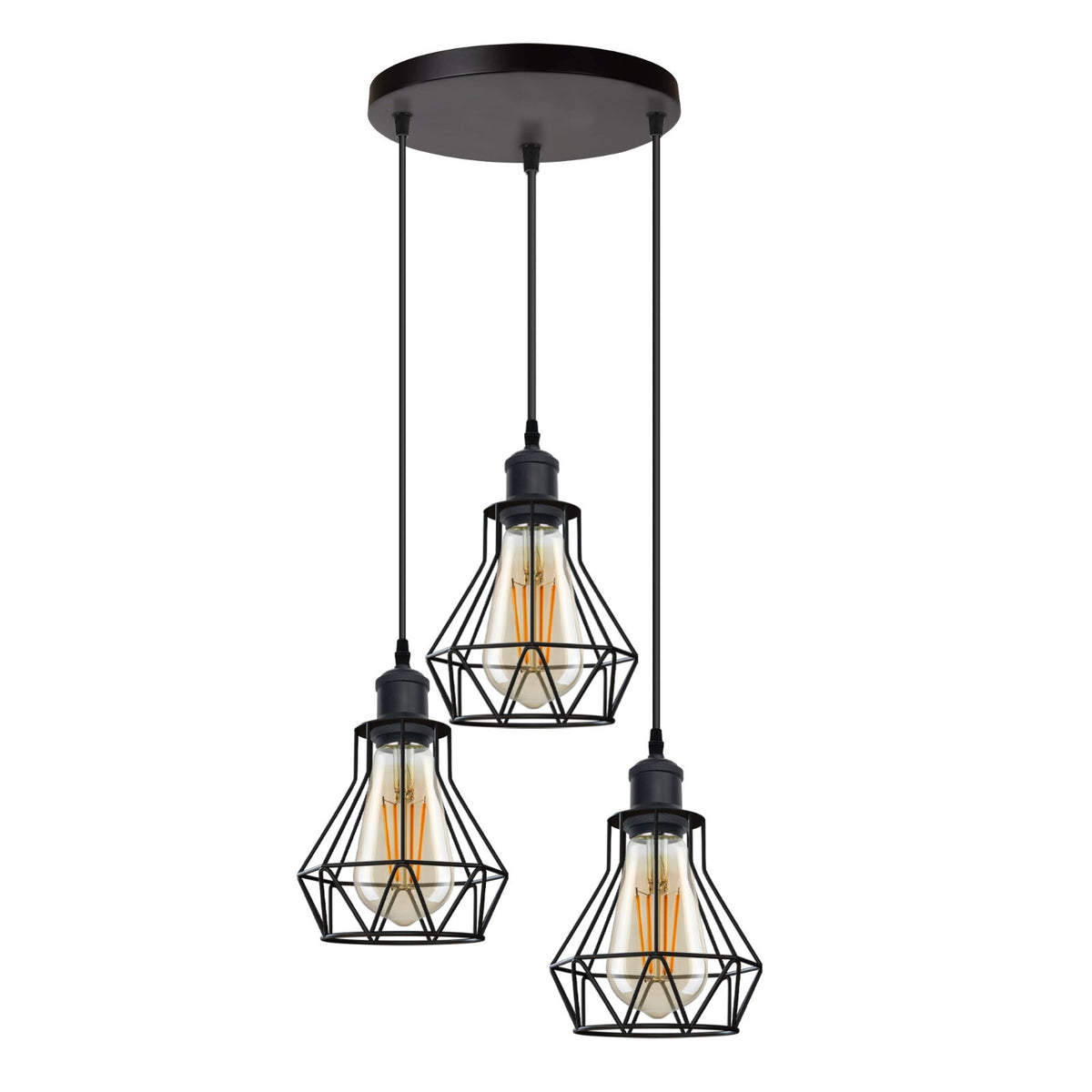 3-Light Wire Cage Pendant Cluster – Round Plate or Bar, E27 - Black, Gem Cage Black, Round Plate, Without Bulb